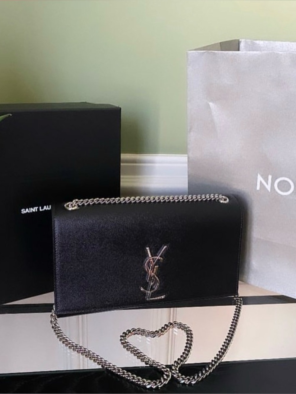 YSL Kate MM Saint Laurent Black Grained Leather Silver Chain Shoulder/Crossbody